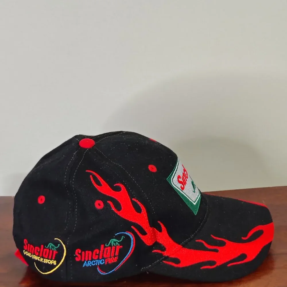 Sinclair Hat Cap Strap Back Black Red Dino Flame Racing Mens - Picture 8 of 12